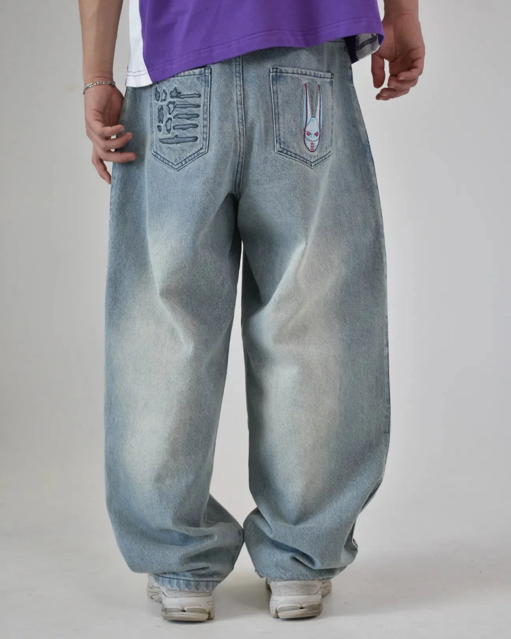 Y2K Anime High Waist Baggy Jeans Men Women JoJo Pink Heart Side Embroidery Fit Washed Denim Pants Streetwear Wide Leg Pants