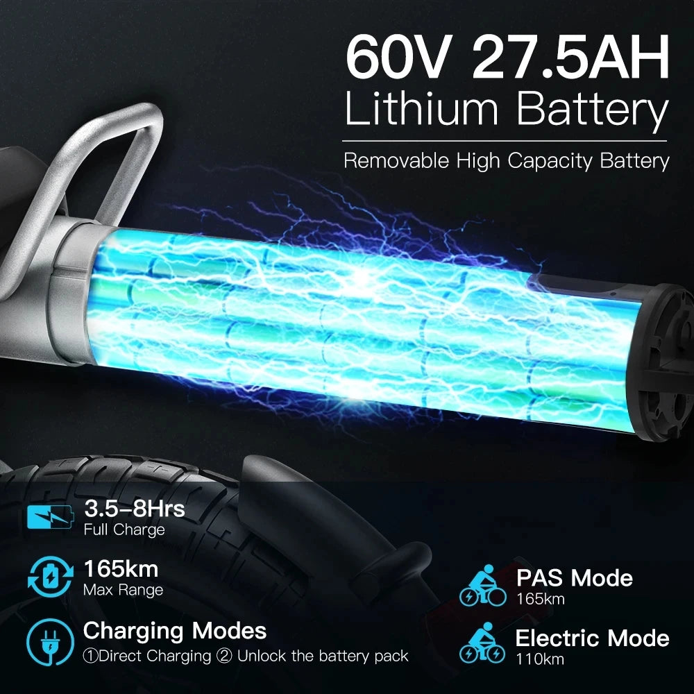COSWHEEL CT20S 2000W Motor Electric Bicycle 60V 27.5AH Lithium Battery 40MPH Electric Bike 20x4" Fat Tire Snow E-bike for Adults