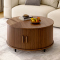 Round Coffee Table with Storage,31.5" Modern Coffee Table with 360° Curved Sliding Door,Fluted Wood Accent Coffee Tablee