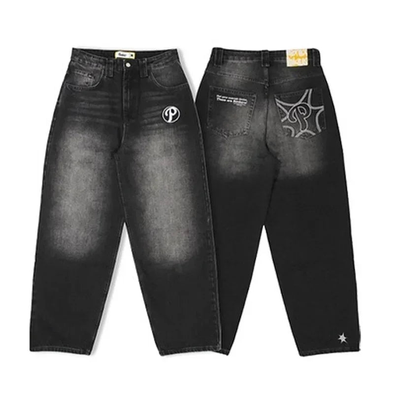 American Retro Hip-Hop Cherry Blossom Dragon Embroidery Baggy Jeans For Men and Women Y2K New Gothic Hip-Hop Casual Street Wear