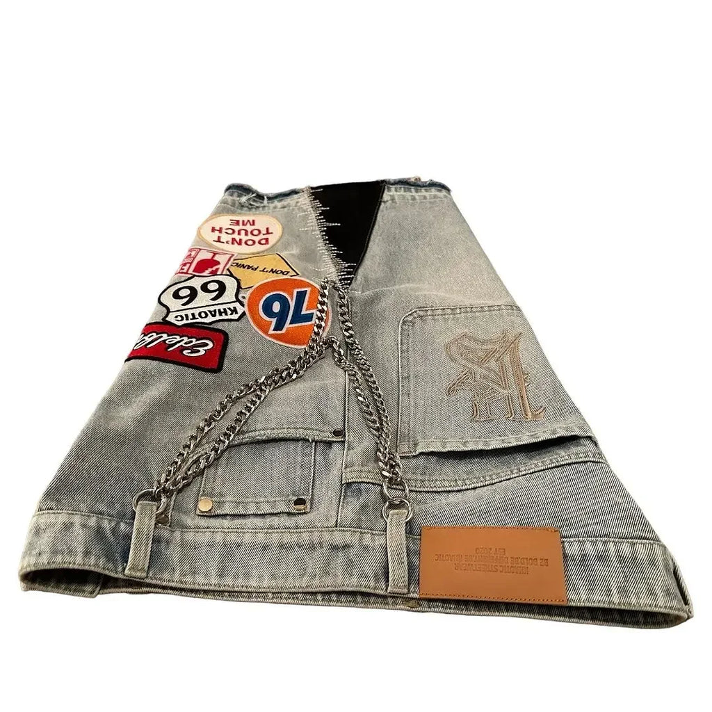 Hip Hop Retro Camo Patchwork Denim Shorts Streetwear Y2K Jeans Men Women Cartoon Graphics Loose Denim Fitness Casual Shorts