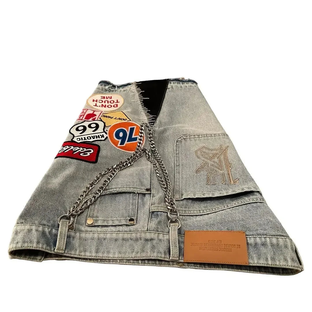 Hip Hop Retro Camo Patchwork Denim Shorts Streetwear Y2K Jeans Men Women Cartoon Graphics Loose Denim Fitness Casual Shorts