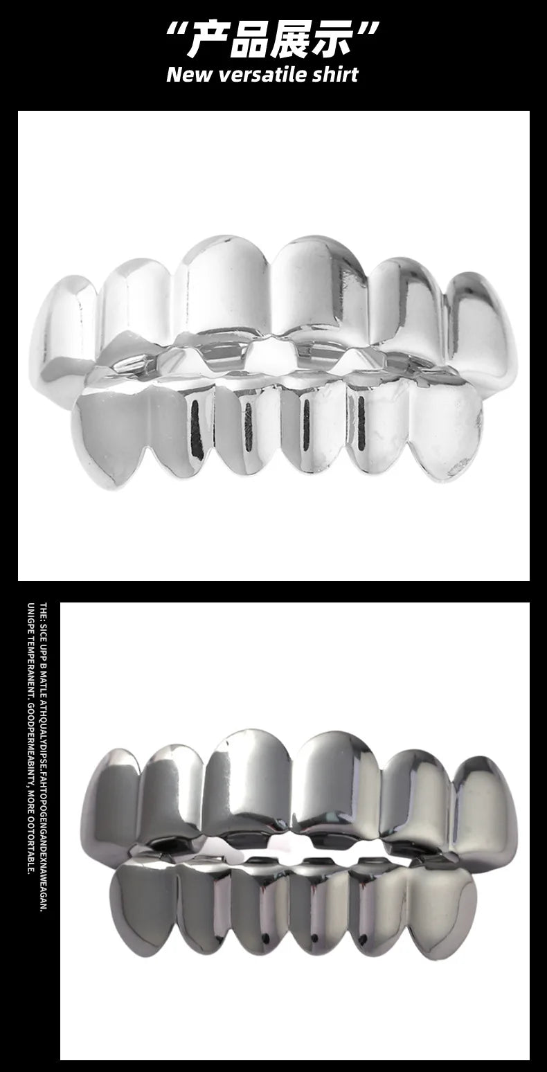 Hip Hop 6/6 Teeth Grills Hip Hop 14K Gold Plated Tooth Caps Decor Braces Punk Cosplay Party Braces For Fashion Women Men Jewelry