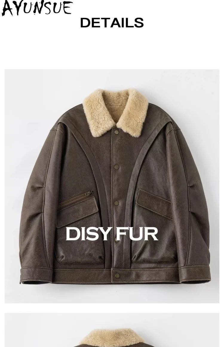 AYUNSUE Natural Sheepskin Fur Coat Men Autumn Winter New Short Real Wool Man Vintage Leather Jacket Motorcycle Fur Coats Jackets