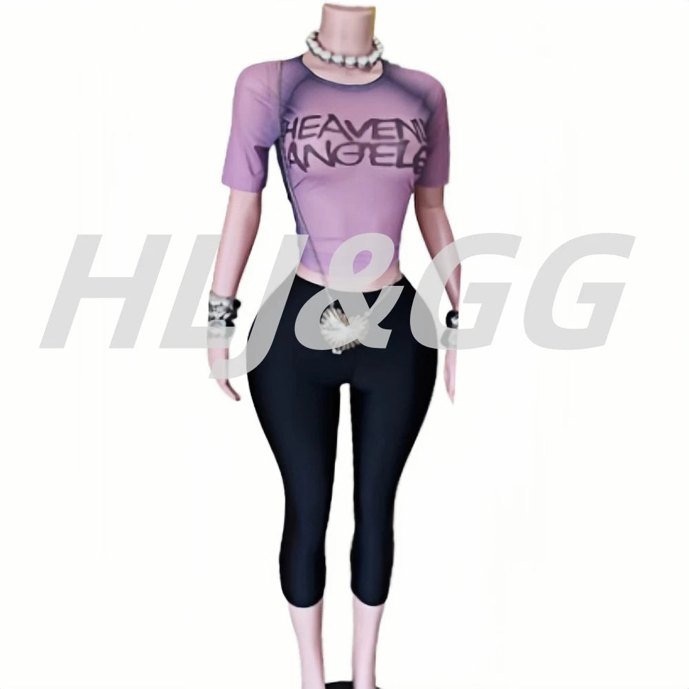 HLJ&GG American Vintage Fashion Letter Mesh See Though Two Piece Sets Women O Neck Short Sleeve Slim Crop Top And Pants Outfits
