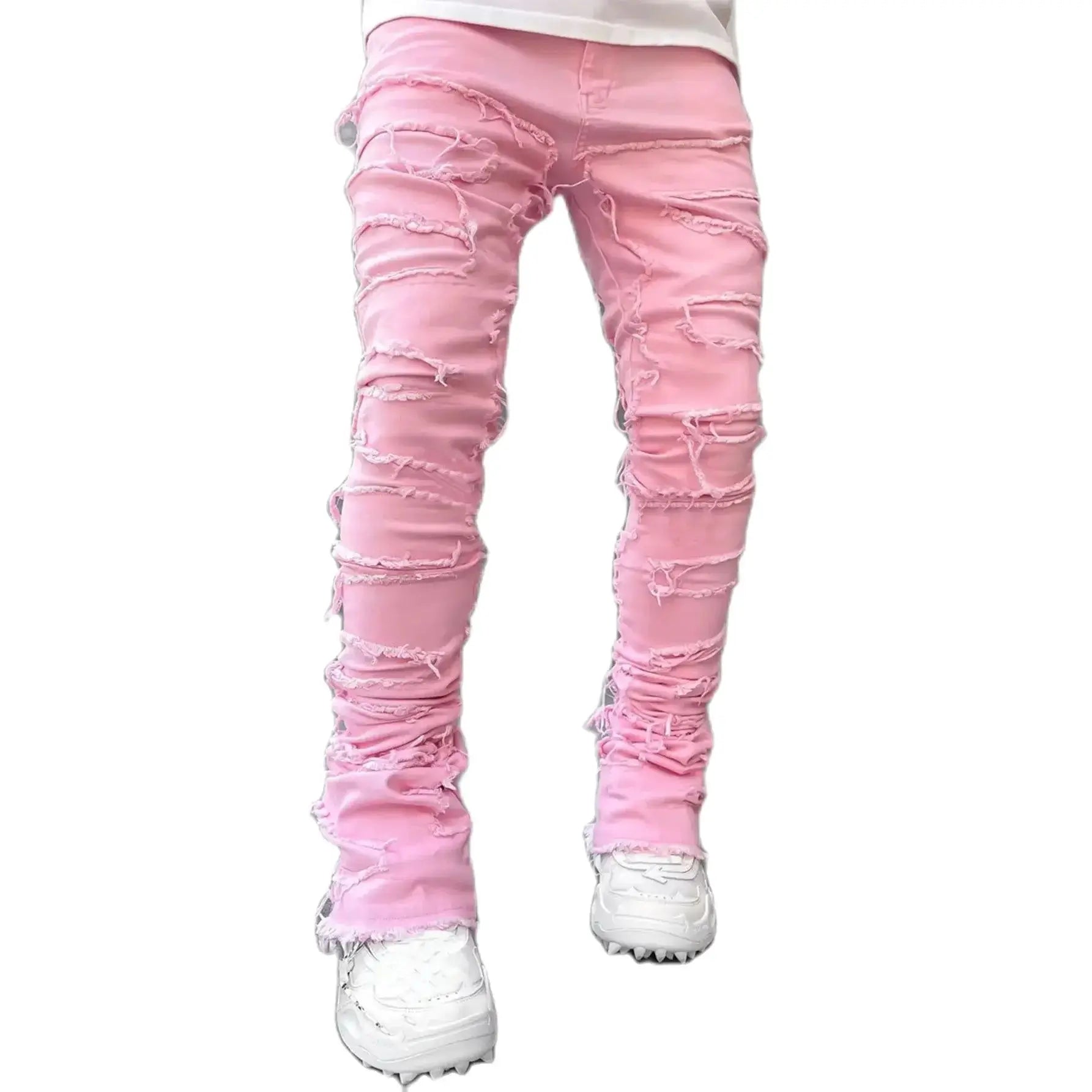 Men's Regular Fit Stacked Jeans Ripped Slim Fit Patch Distressed Destroyed Straight Denim Pants Hip Hop Streetwear Trouser Cloth