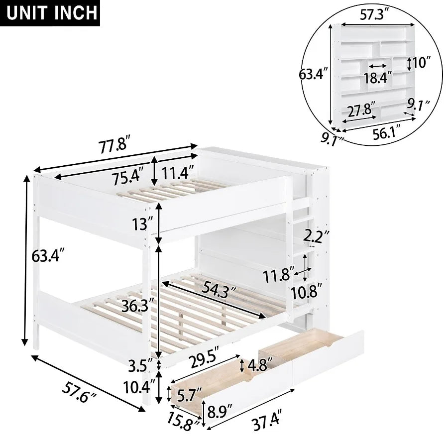 Full over Full Bunk Bed With 2 Drawers and Multi-layer Cabinet White
