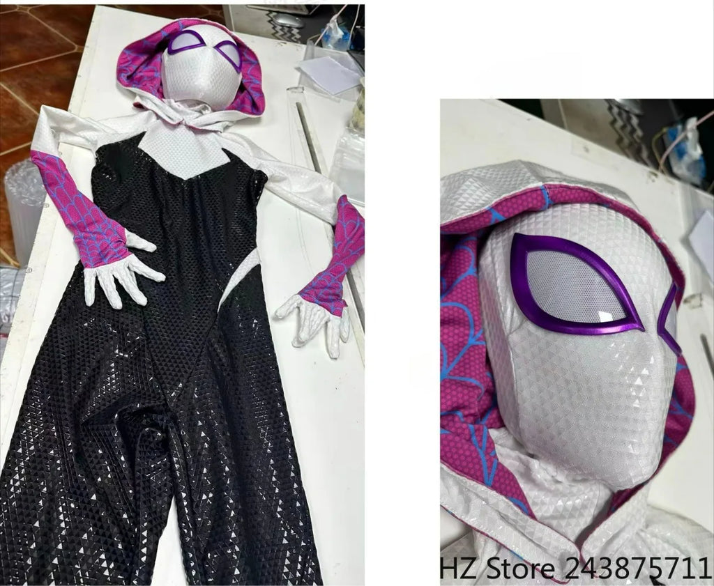 Hand-Printed Gwen Spider-Man  Jumpsuit with Mask 1:1 3D Handmade Customized Silk Screen Body Suit: Cosplay Costume