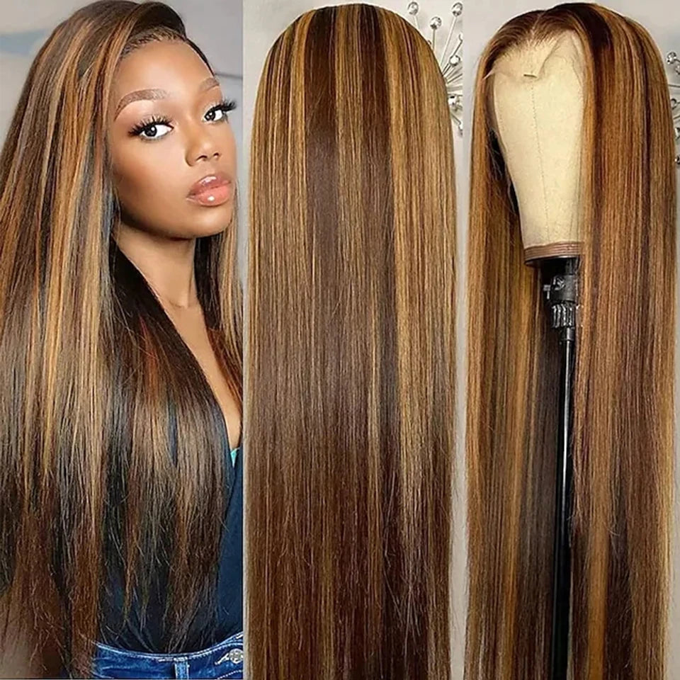 Megeen 13X4 Transparent Lace Frontal Wig Highlight P4/27 Human Hair Honey Blonde Straight Lace Front Wig Colored Ombre Wigs Remy