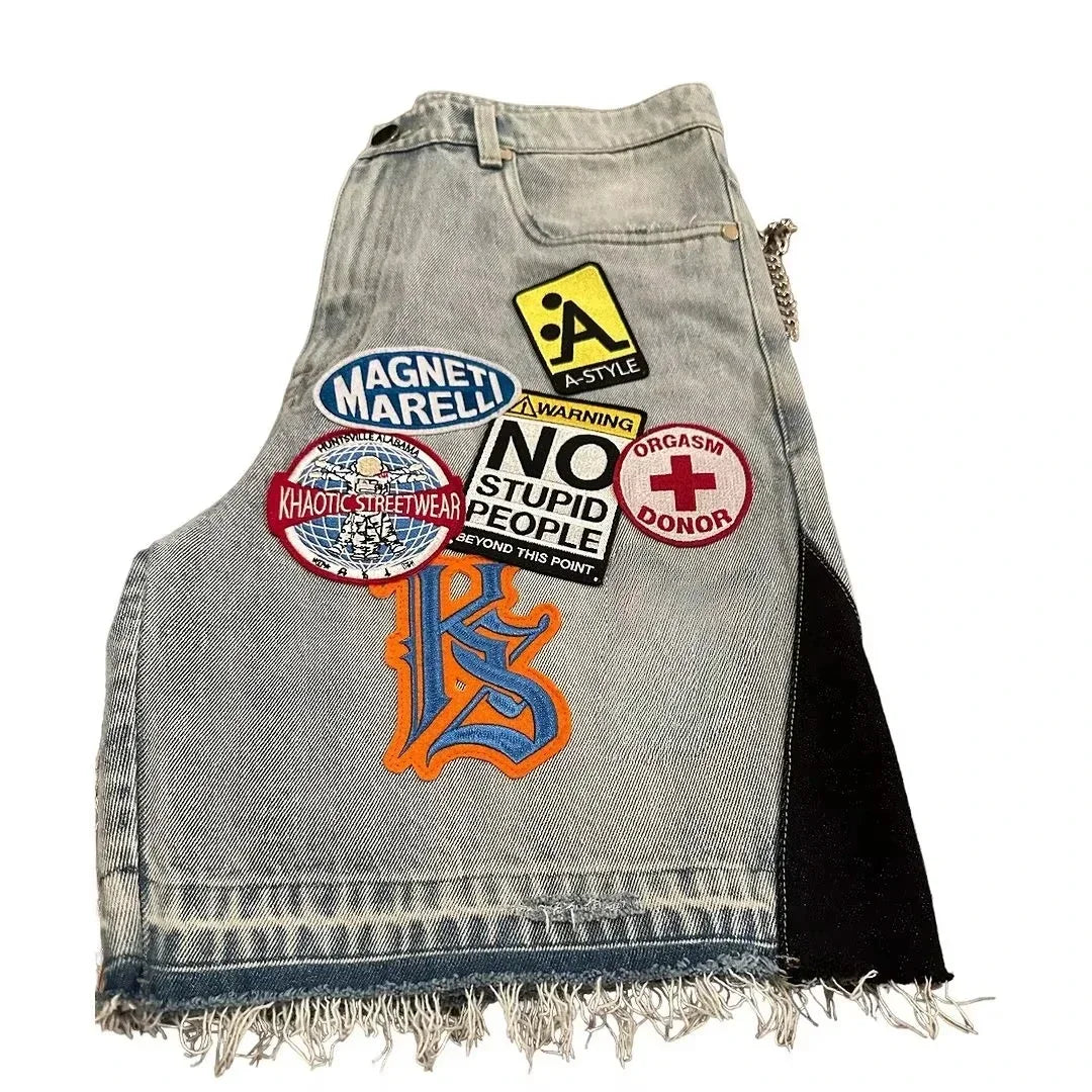 Hip Hop Retro Camo Patchwork Denim Shorts Streetwear Y2K Jeans Men Women Cartoon Graphics Loose Denim Fitness Casual Shorts