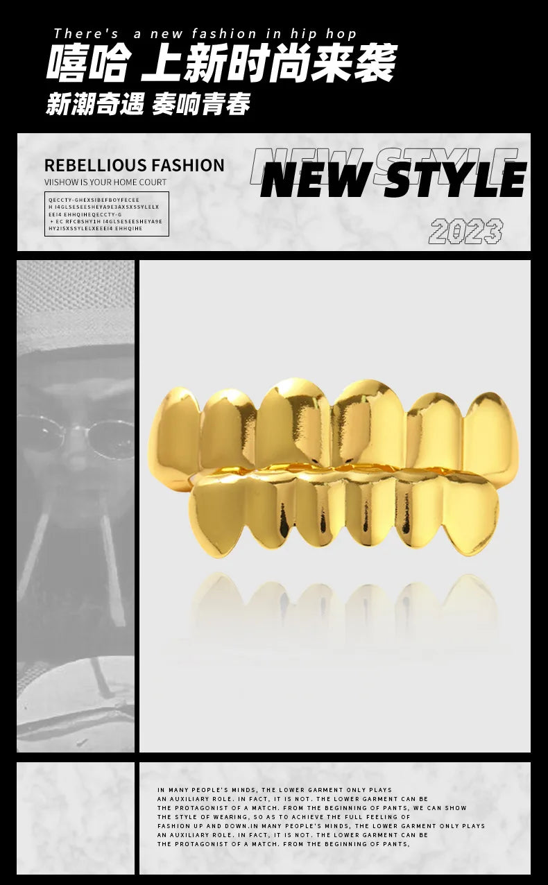 Hip Hop 6/6 Teeth Grills Hip Hop 14K Gold Plated Tooth Caps Decor Braces Punk Cosplay Party Braces For Fashion Women Men Jewelry