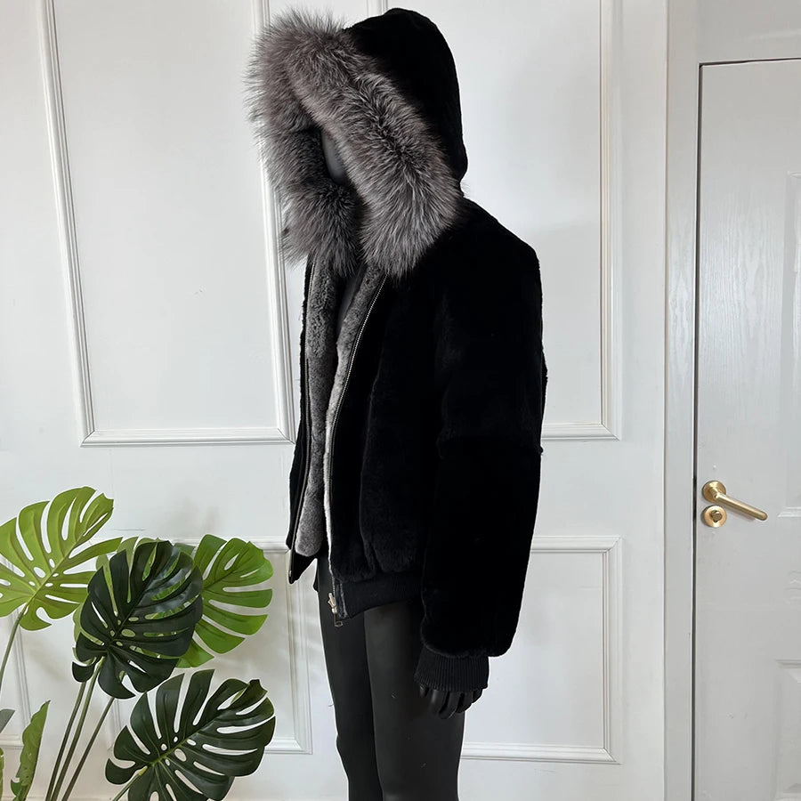 Men Rabbit Fur Coat Winter Short Real Rex Rabbit Fur Jacket With Hood Black Fur Coats Chinchilla Fur