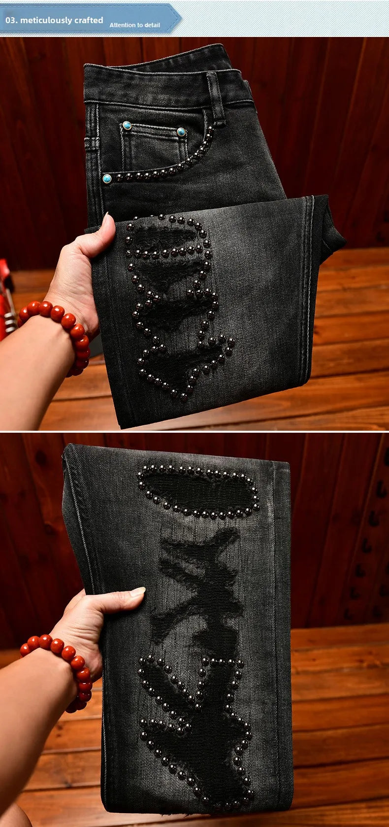 Metal Decor Design Black Jeans Men Trendy Ripped Fashion Retro Nostalgic Street Slim Fit Skinny Pants
