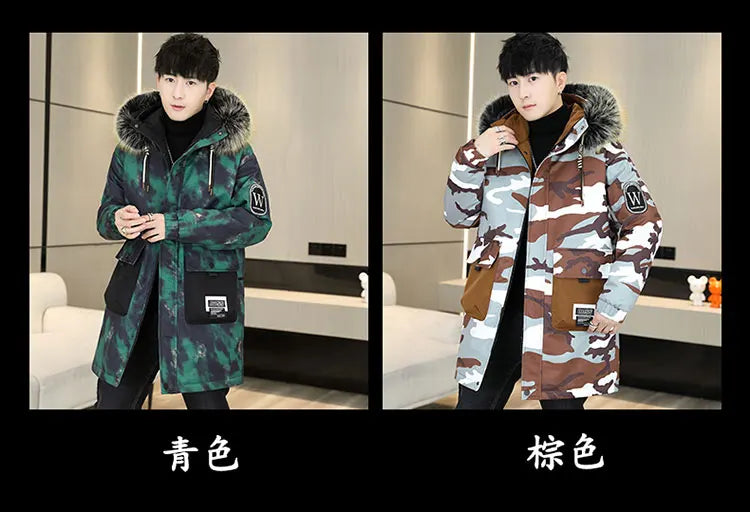 Fashion Mid-Length Camouflage Warm Parkas Winter Men's High Street Wear Windproof Hooded Plush Jackets Outdoor Thick Fleece Coat