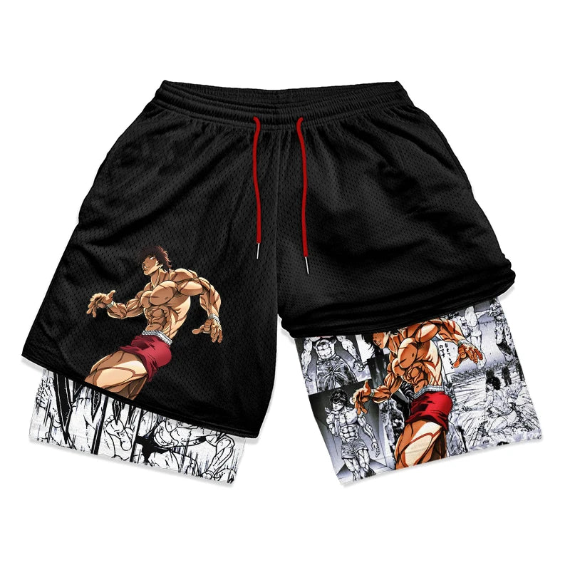 Anime Baki Hanma Gym Workout Shorts for Men Athletic Quick Dry 2 in 1 Compression Shorts Cosplay Costume