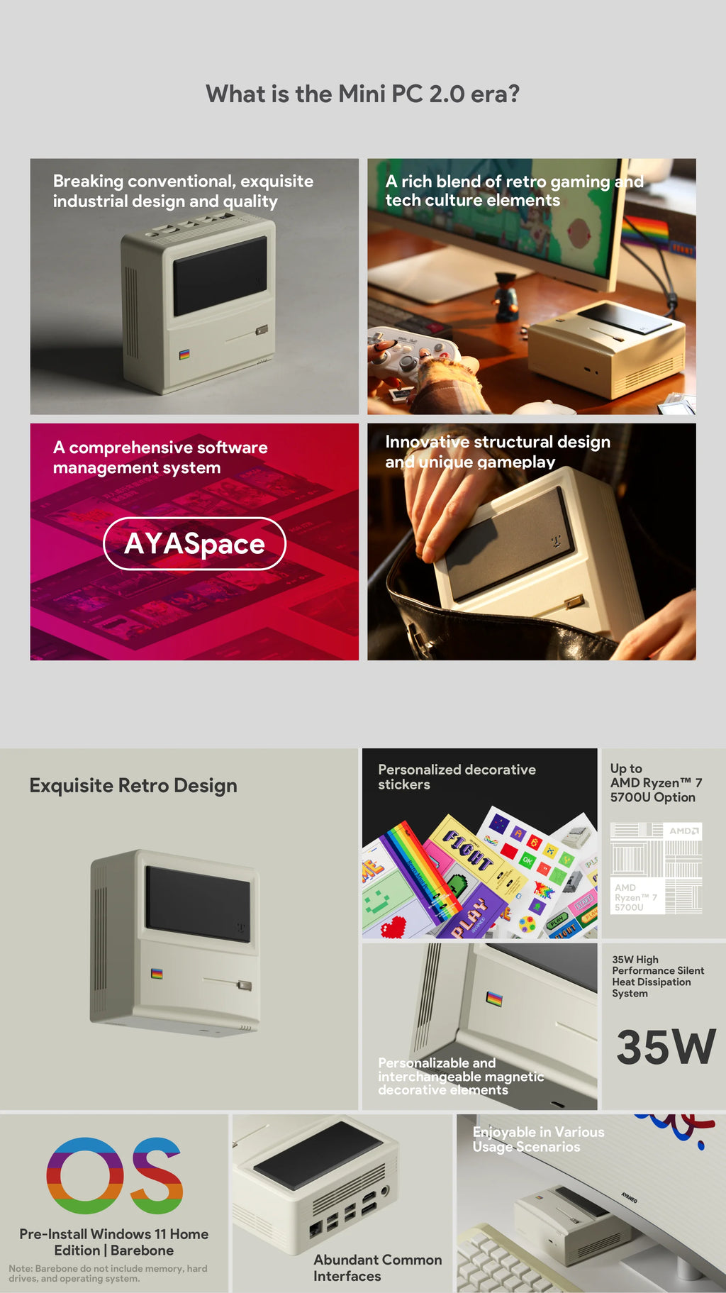 AYANEO AM01 Retro Mini PC AMD Ryzen 7 5800U 32G DDR4 512G/1T SSD NVMe SATA WIFI6 BT5.2 M.2 2230 Windows 11 Gaming Home Office