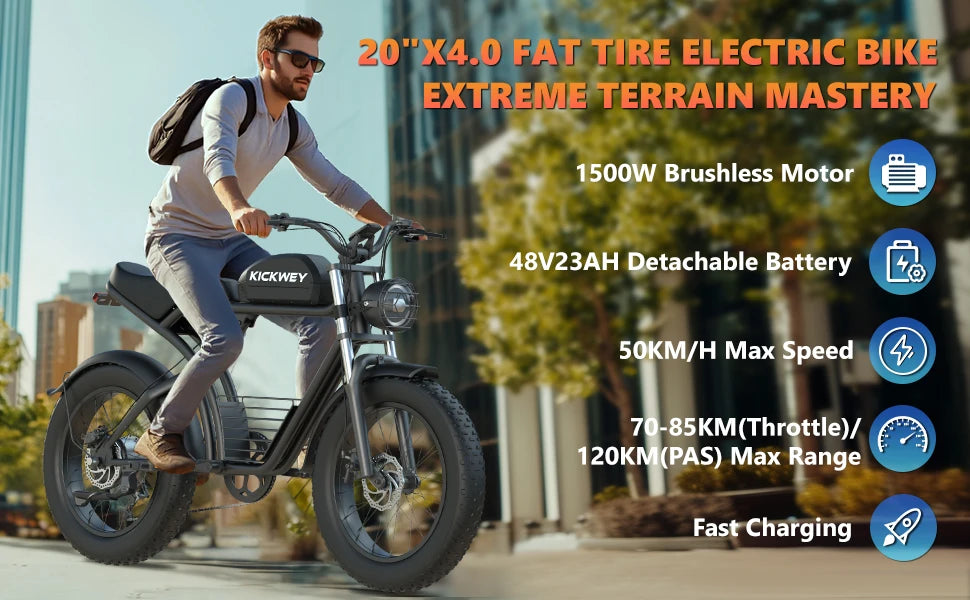 Kickwey K7 Adult Electric Bicycle 1500w 48V23ah Ebike 46km/h Mountain Electric Bike 20" Fat Tire Dirtbike Motorcycle E Bike