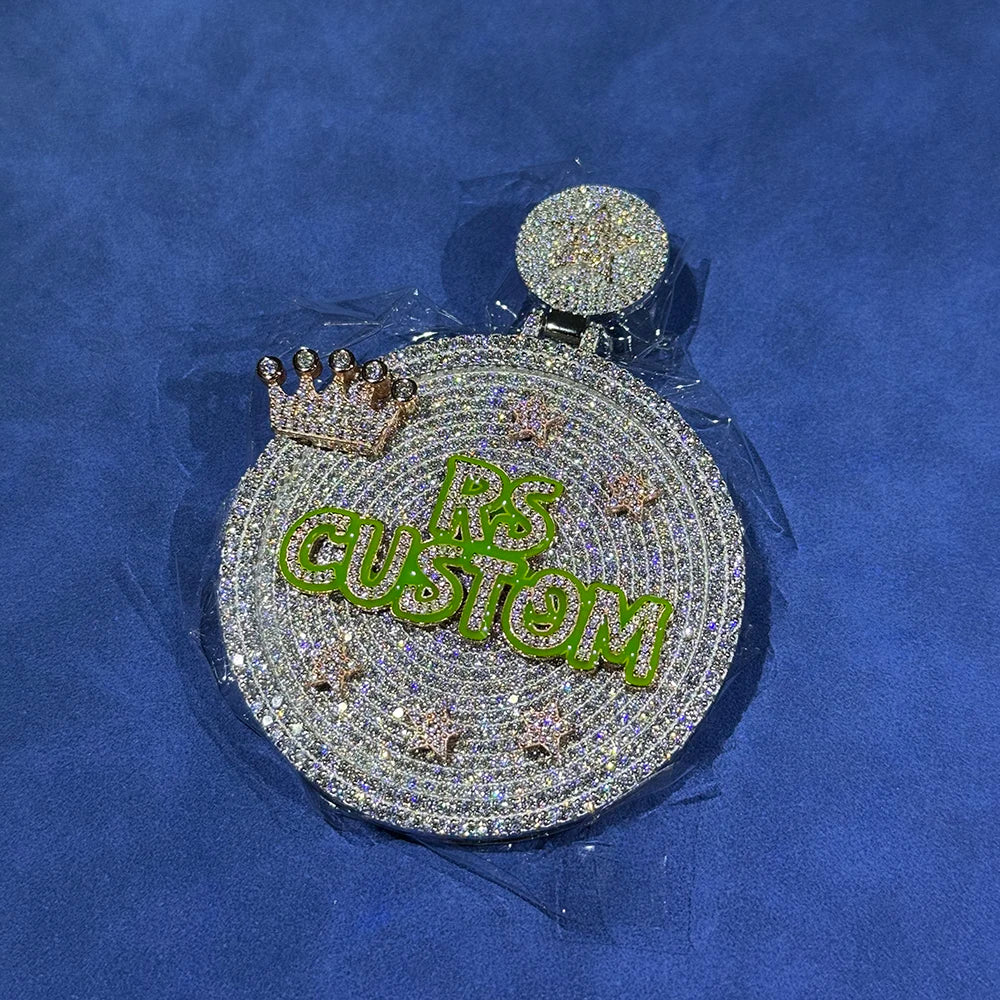 HHIOK Custom 60mm Charm Crown Star Green Night Glow Enamel Letter Moissanite Pendant Necklace 925 Sterling Silver Jewelry