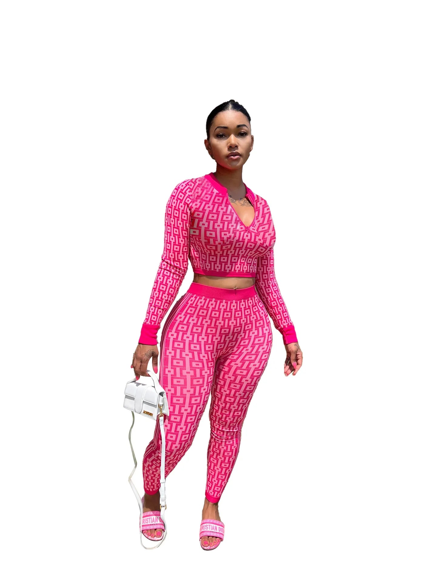 Autumn And Winter Women's Stretch Knitted Printed Women's Suit Long-sleeved Tight Sports Yoga Two-piece Set For Women