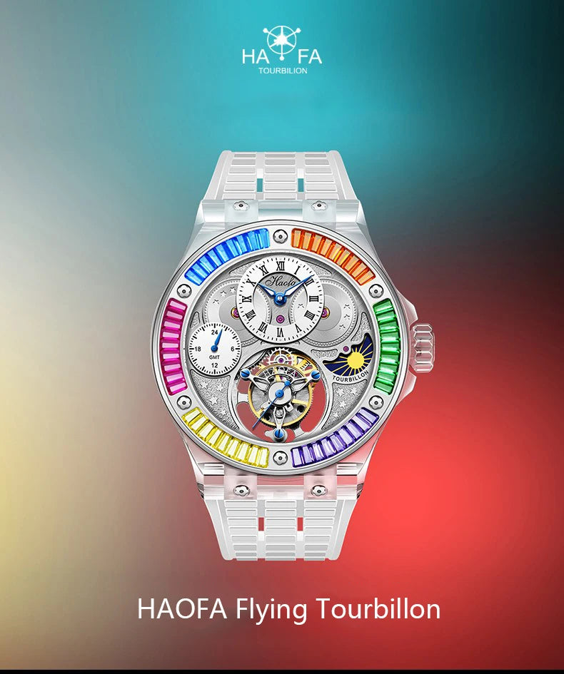 Haofa GMT Tourbillon Man Watch 2101 Luxury Rainbow Crystal Day And Night Manual Tourbillon Mechanical Men Watches Sapphire