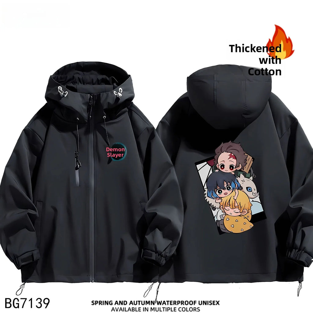 Ruike Men's Thiened Cotton Hooded Jaet Casual Outdoor Waterproof Spring Autumn Winter Anime Ghost Slayer Coat Jaet
