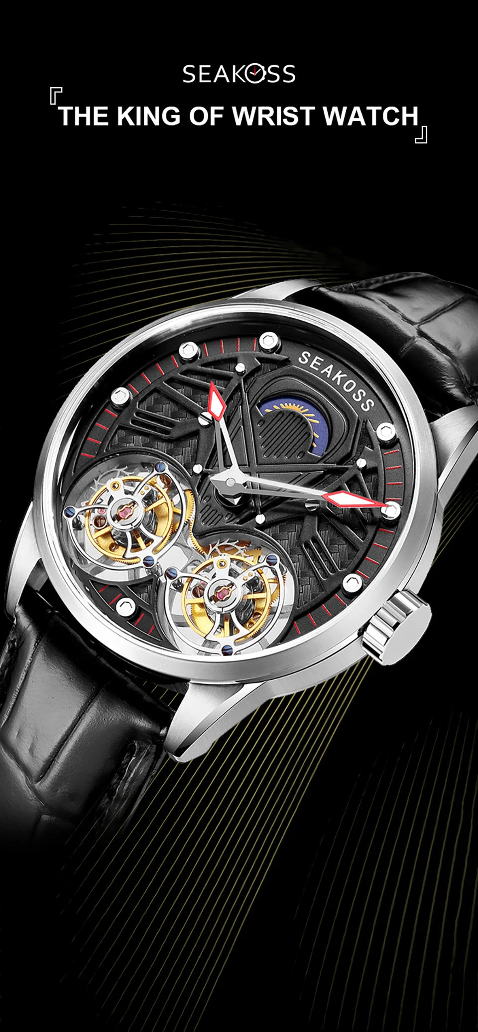 SEAKOSS Luxury Skeleton Men's Tourbillon Manual Mechanical Watches Double Tourbillon Luminous Hands Watch for Men Sapphire Glass