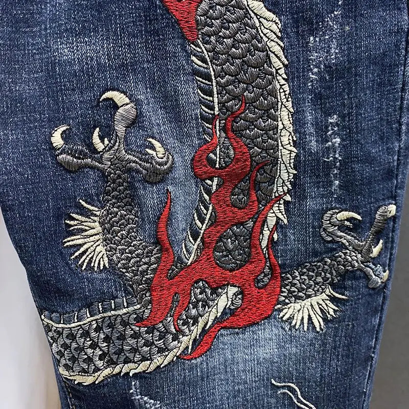 Men's Jeans Summer Dragon Embroidery Denim Shorts Fashion Street Styles Slim Fit Half Length Jean