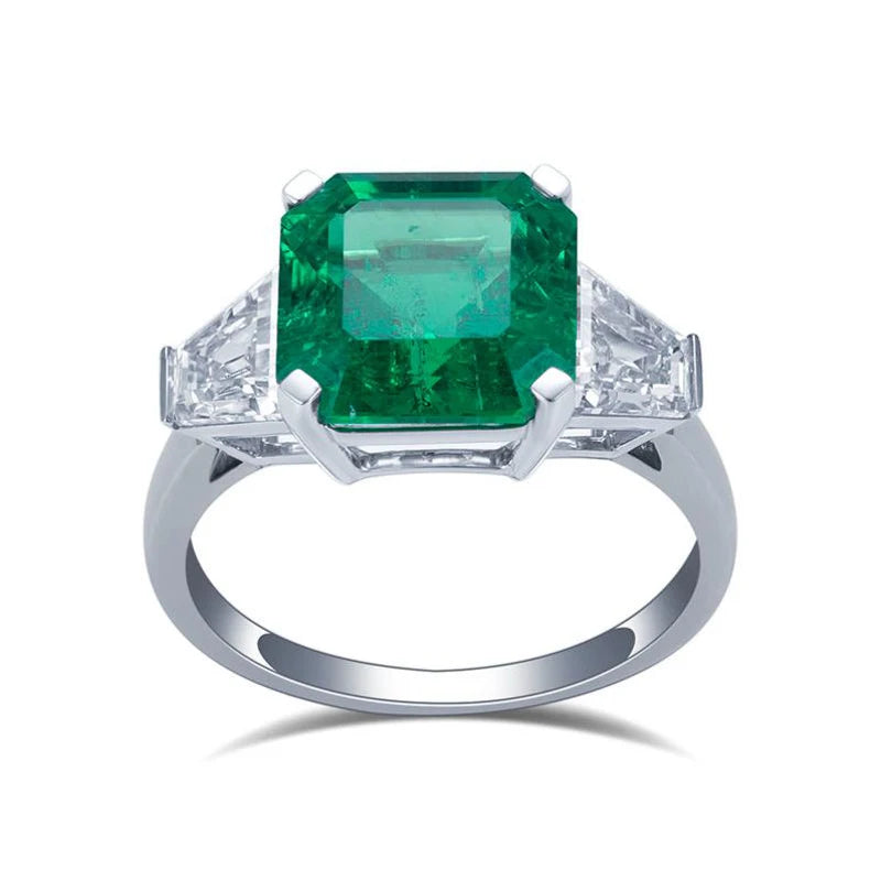Square Emerald Cut Lab Grown Emerald Ring Three-stones 18K White Gold Lab Grown Emerald Ring Men Jewelry Gift