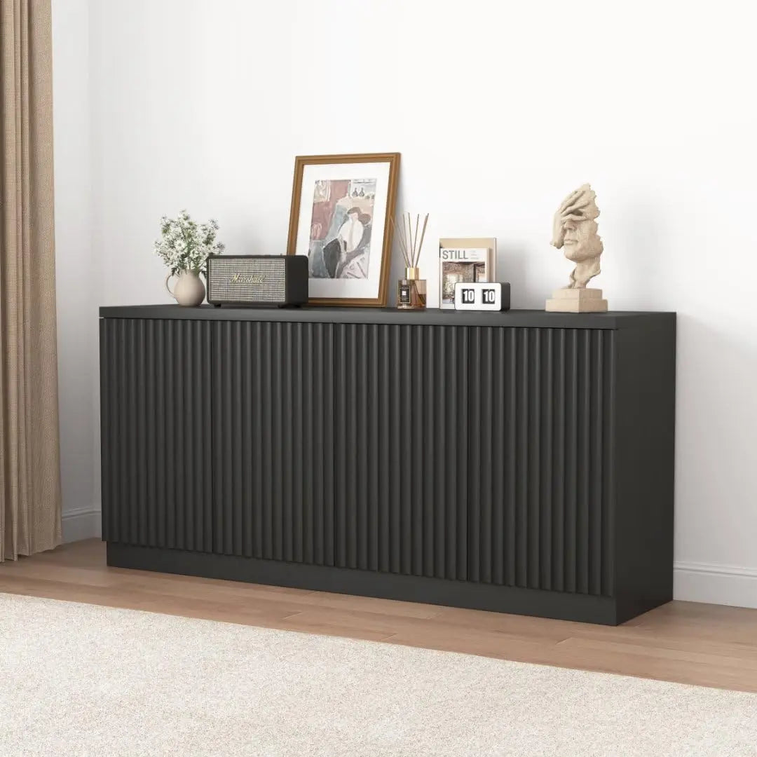 Large Modern Fluted Sideboard Buffet Credenza 4-Door Adjustable Storage Rebound Device Living Room Kitchen Hallway, Customized