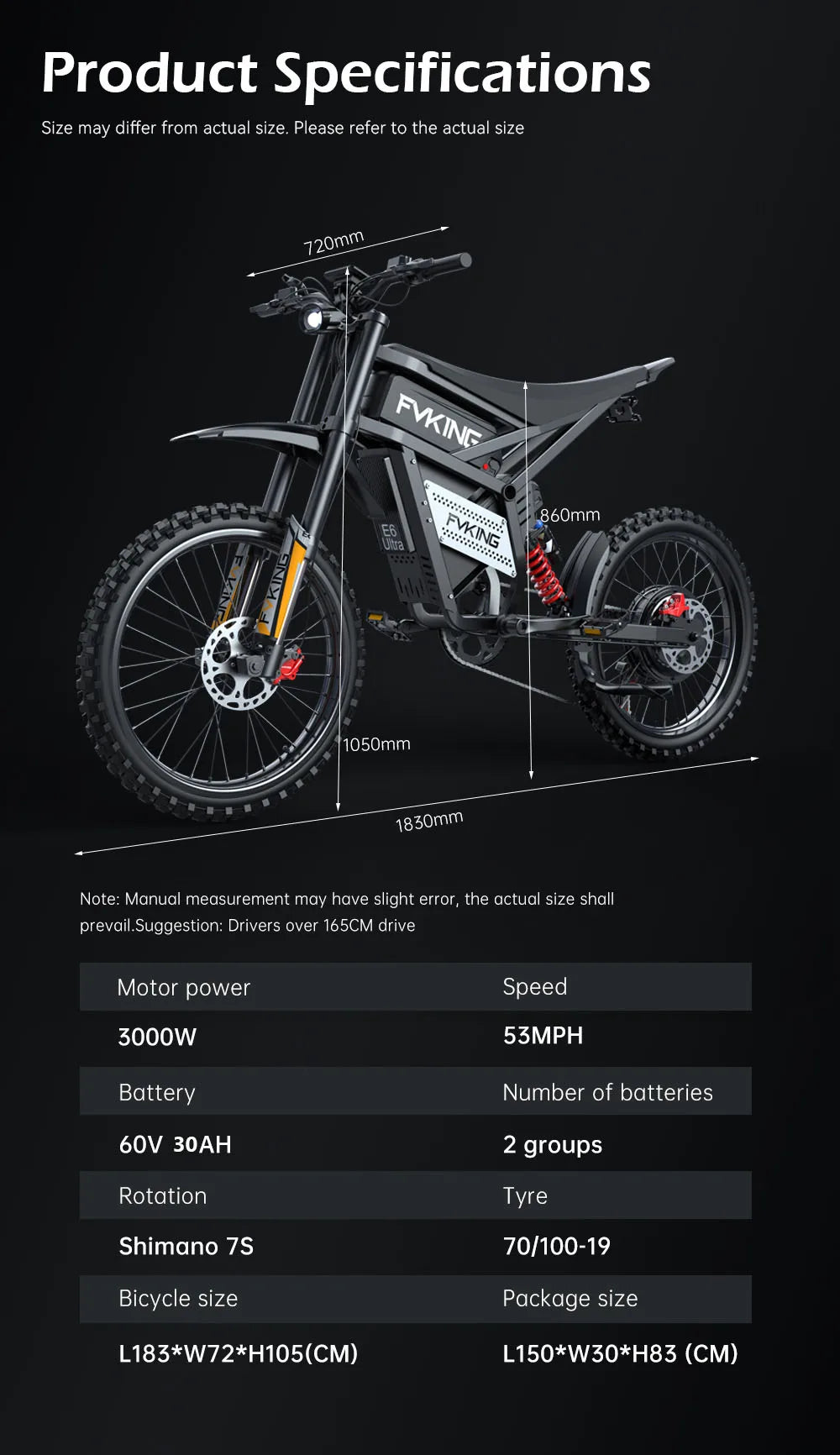 FVKING E6-UItra 25 Inch Off-Road Electric Bicycle 60V 30AH 3000W Motor Peak Power 6000W Top Speed 80KM/H Adult E-Bike