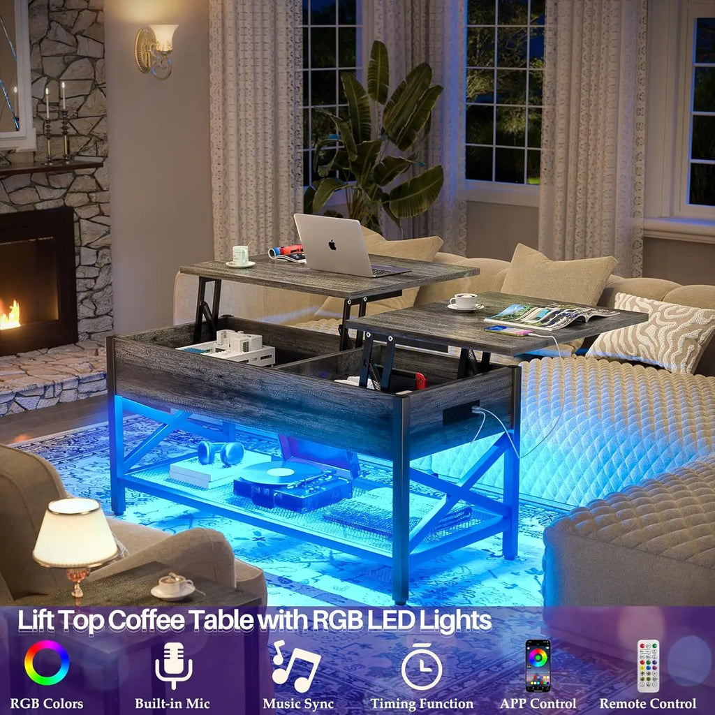 Lift Top Coffee Center Table with LED Light and Power Outlet, Modern Table with Storage Shelf for Living Room, Lift Tabletop, X