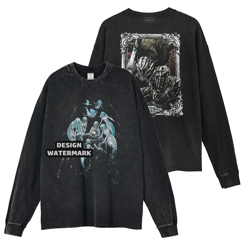 Anime Griffith Sweater Oversized Vintage Washed B -Berserk Long Sleeve T Shirt Manga Guts Pullover Zodd Sweatshirts 100% Cotton