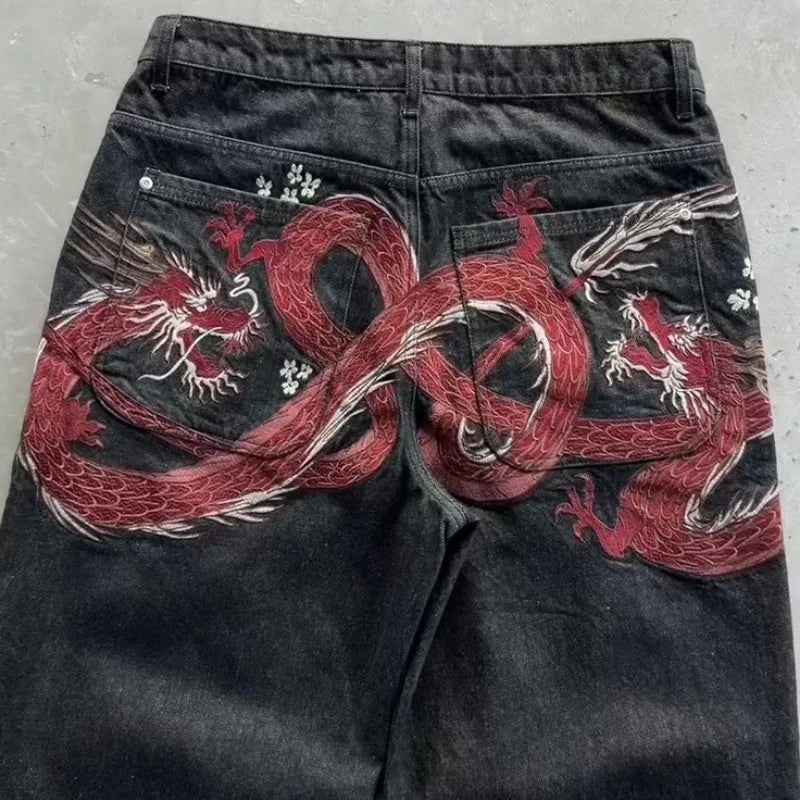 Y2K Harajuku Jeans new Dragon Embroidery high quality jeans 2000s Gothic Vintage Hip Hop streetwear denim fabric wide leg pants