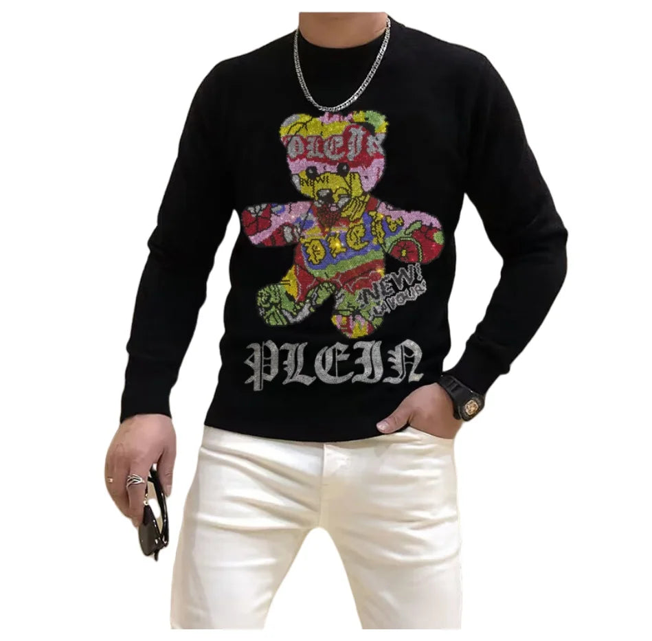Men's Streetwear Sweater Rhinestone Skull Trendy Cartoon design Male Pullover Plus Size Black Tops Hip-Hop Round Neck Clothing
