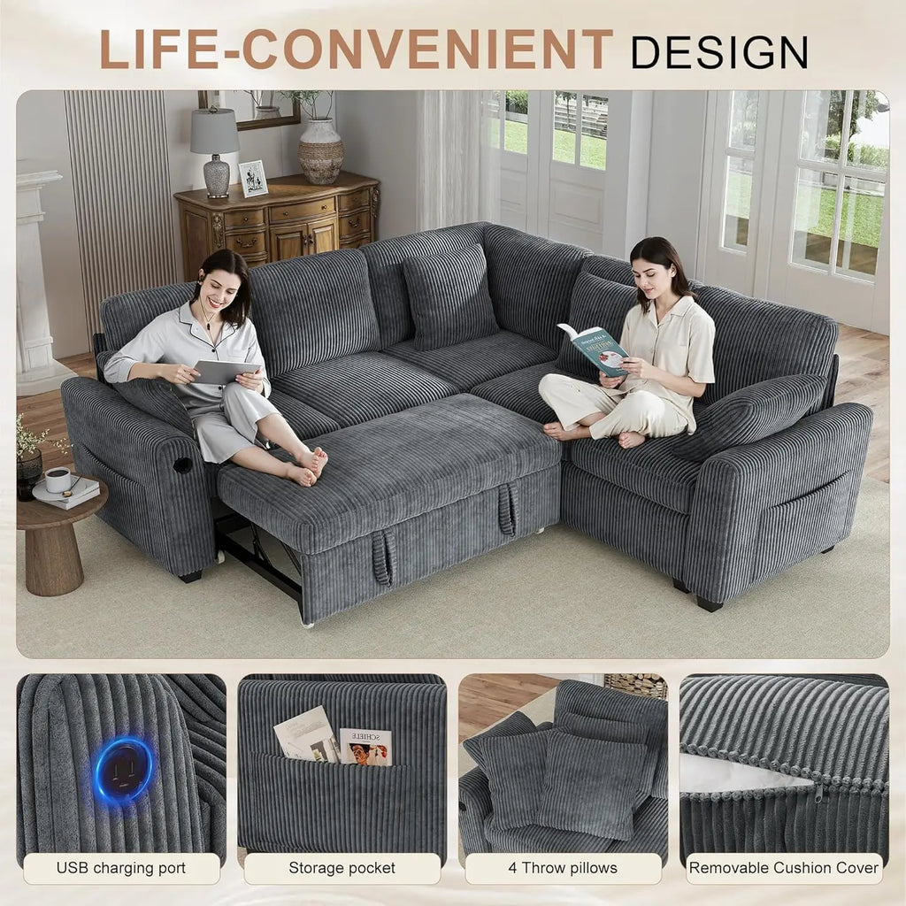 L Shaped Sectional Sleeper Sofa with Pull Out Bed Storage USB Charging Living Room Apartment, Custom
