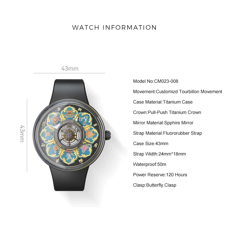 CRONUSART Men Tourbillon Watch 43mm Titanium Case Mechanical Wristwatch Luminous Tangka Enamel Dial Sapphire Mirror Skeleton