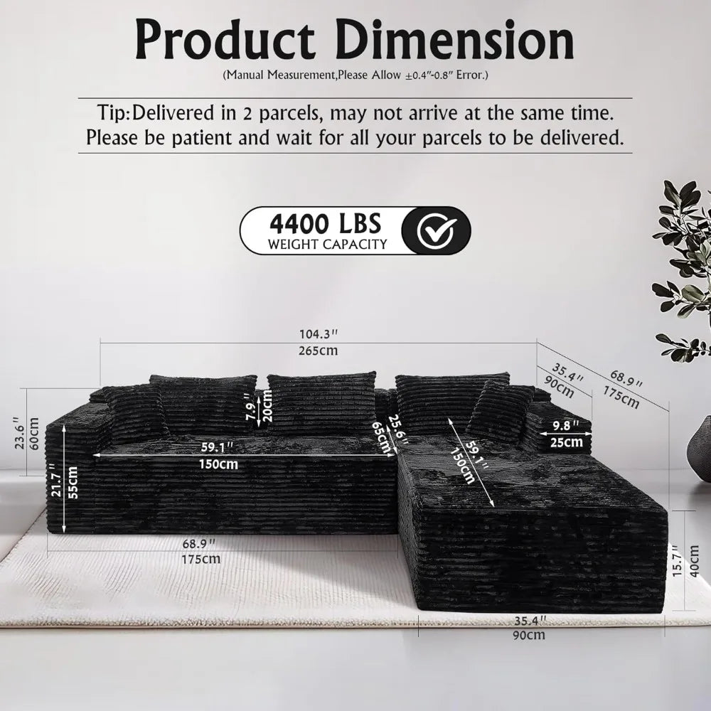 Sectional couches for Living Room Corduroy Couch, 104" Cloud Sectional Couch with L-Shape Chaise, Modern Modular, Customized