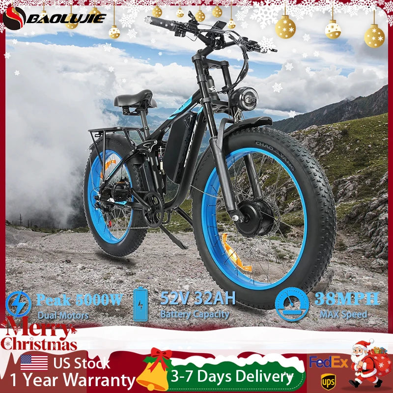 BAOLUJIE 2603 Electric Bike for Adults，52V 32AH Electric Bicycle，Peak 5000W Mountain E-bikes，21-speed Dual Motors Moped Ebike