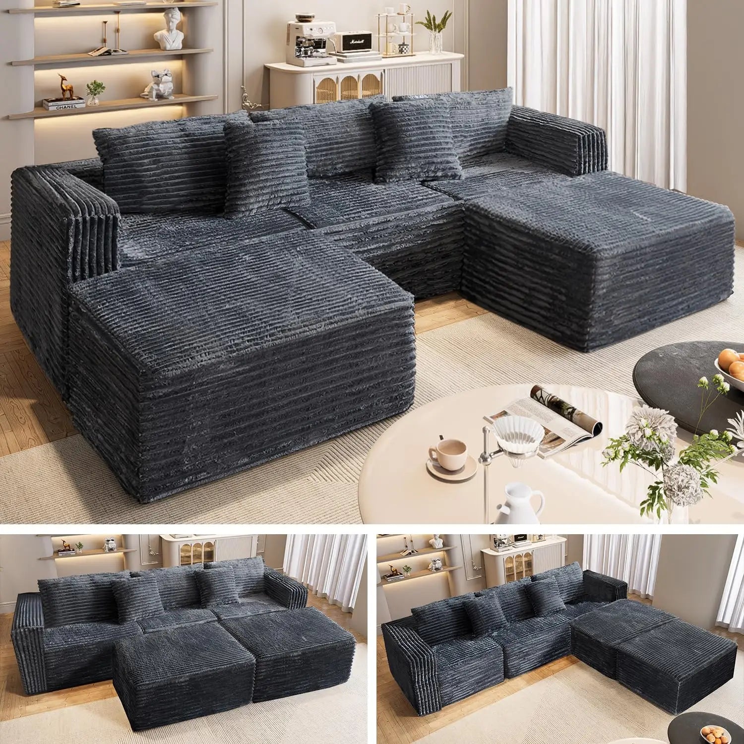 110" Modular Sectional Couch with 2 Movable Ottoman,3-Seater Boneless Cloud Sofa Couches for Living Room, U Shaped, Customized