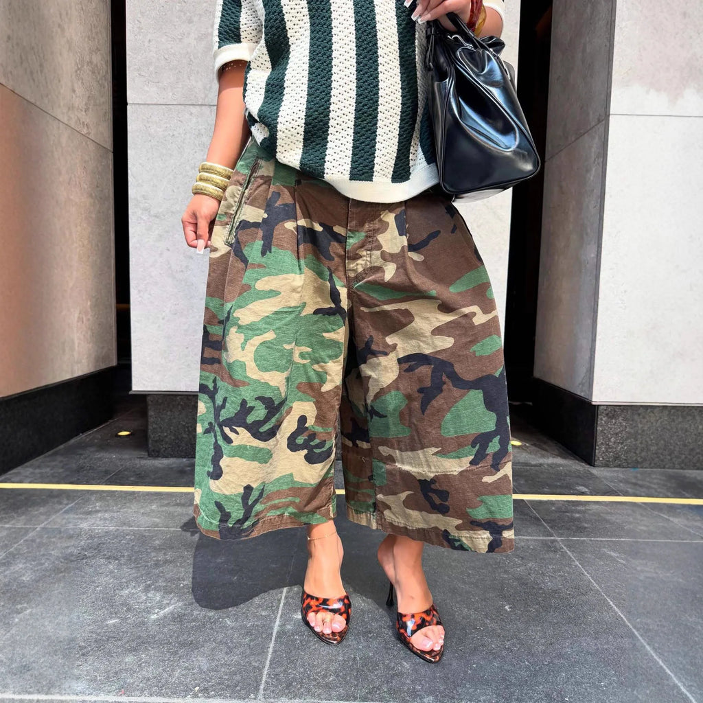 Women's Camouflage Wide Leg Pants Loose Casual High Waist Vintage Pockets Cropped Pants 2025 Fashion Harajuku Capris