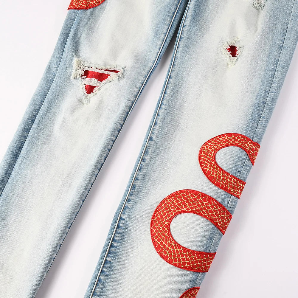 Men's Snake Embroidery Skinny Jeans Streetwear Red Leather Patch Pants Holes Ripped Distressed Denim Tapered Trousers