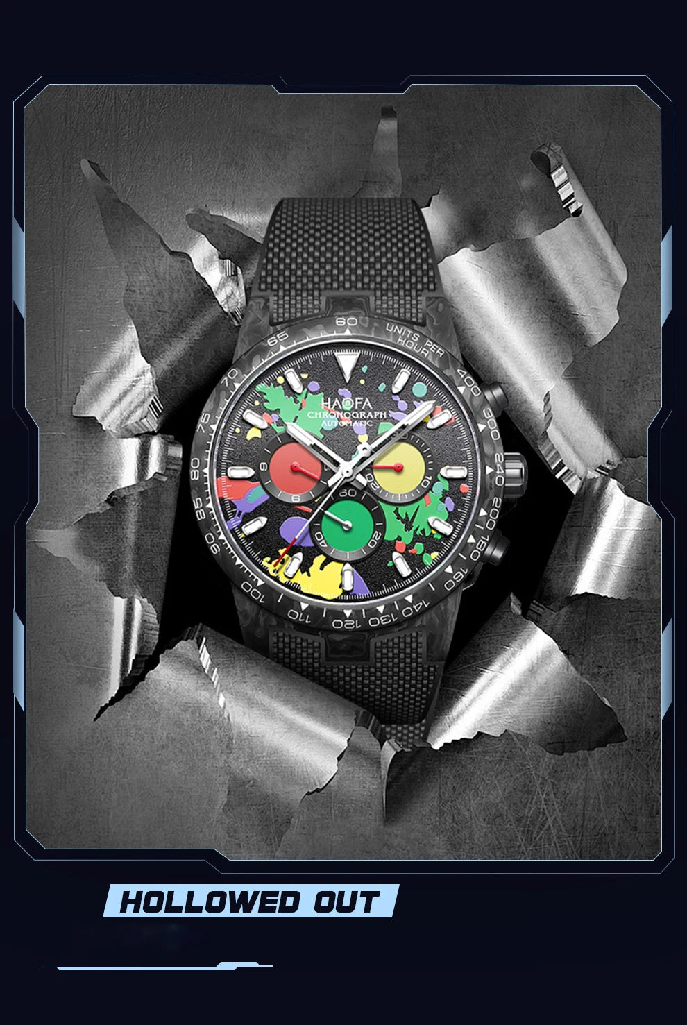 Haofa Carbon Fiber Chronograph Watch Automatic Mechanical Watches for Men Sapphire Waterproof Watch Cool Multi-function 2366