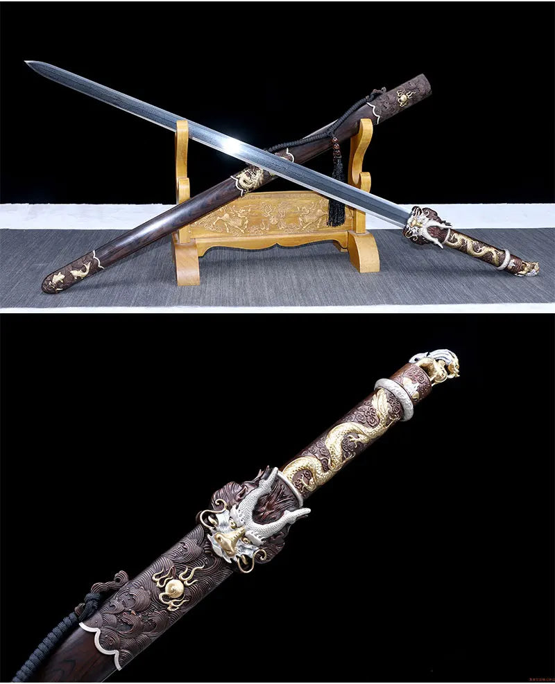 Quality Chinese Dragon Sword Handmade Forged Folded Steel Blade Ebony Wood Sheath Collection Art Props Antique Swords