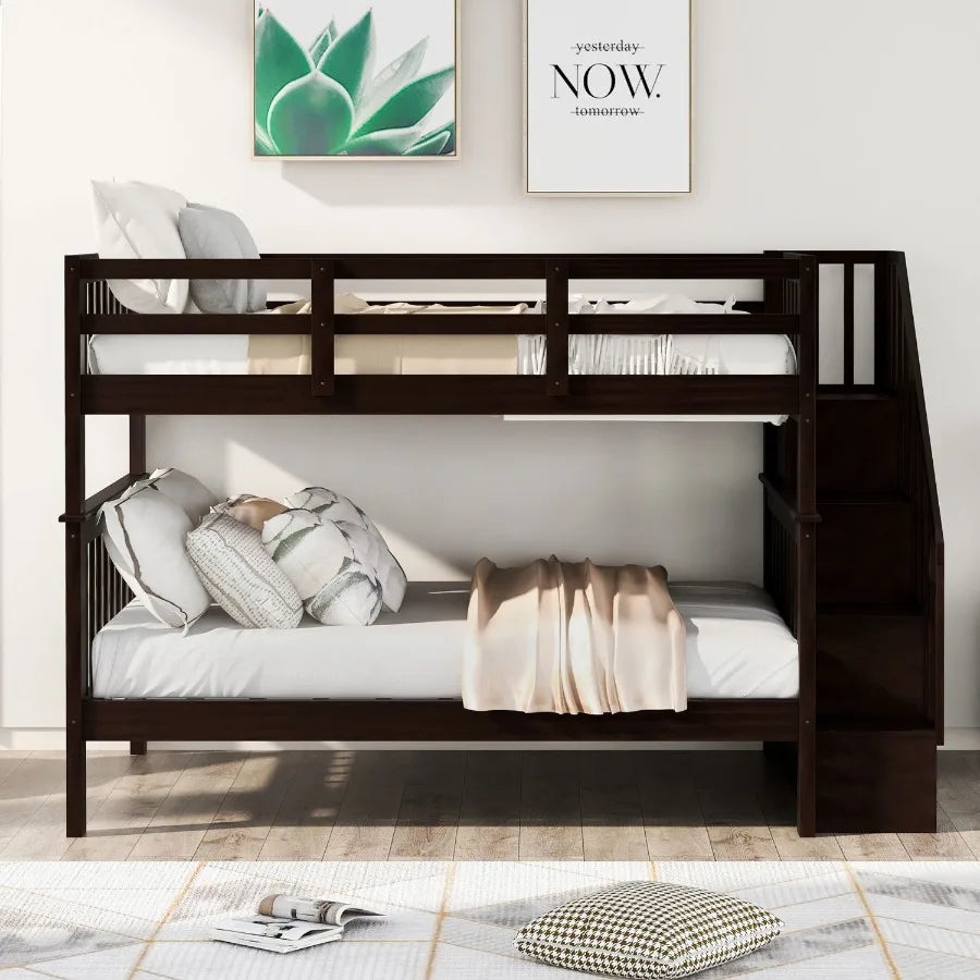 Stairway Full-Over-Full Bunk Bed with Storage and Guard Rail for Bedroom Dorm Espresso