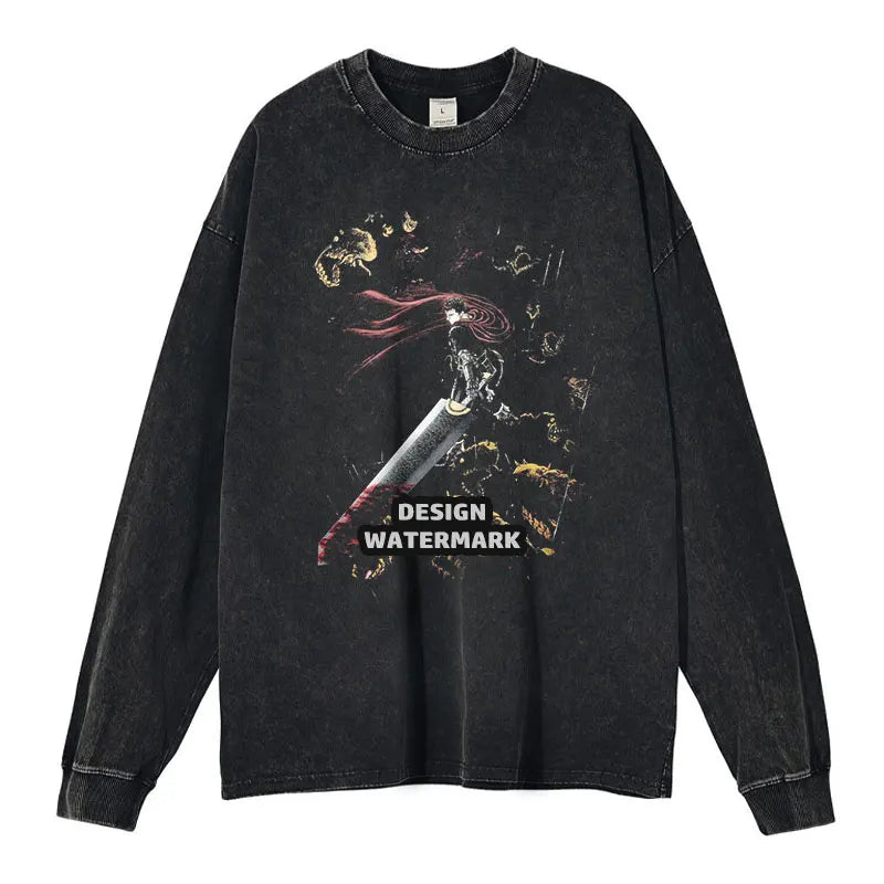 Anime Griffith Sweater Oversized Vintage Washed B -Berserk Long Sleeve T Shirt Manga Guts Pullover Zodd Sweatshirts 100% Cotton