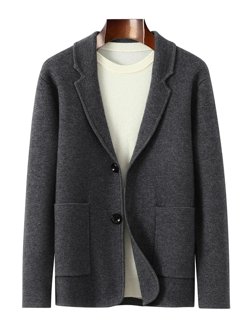 100%Cashmere Suit Men's Suit Collar Knitted Cardigan Business Casual Coat High Waisted Knitted Shorts Winter Thick Two-piece Set