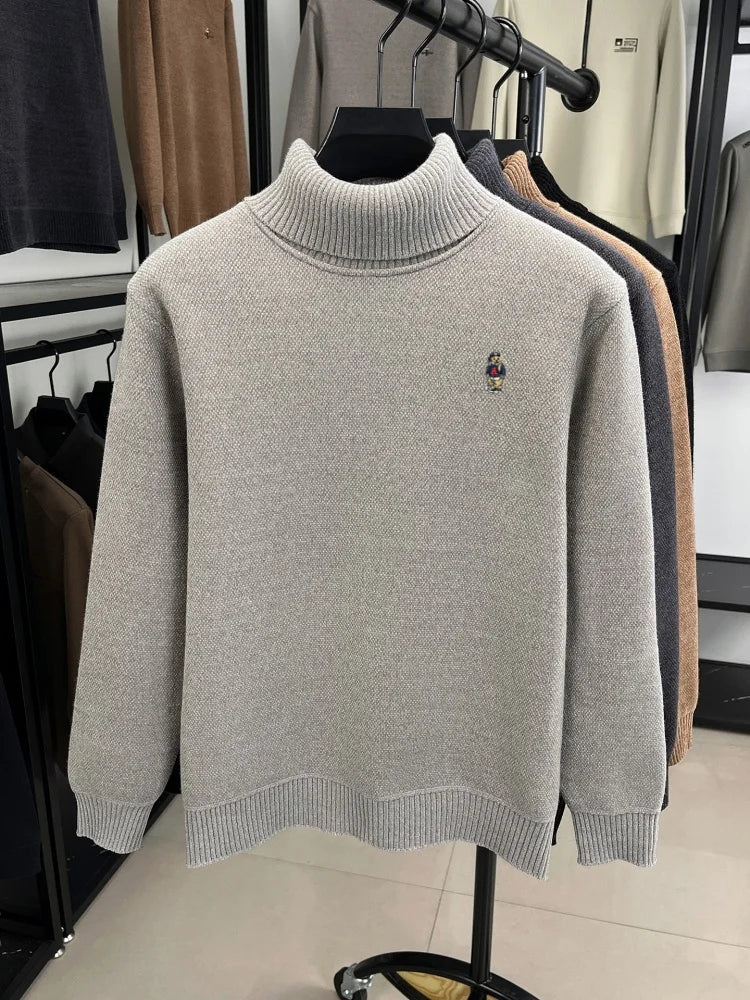 Light luxury men knitted high neck sweater new trend brand cartoon bear embroidery soft plush thicken casual versatile pullover