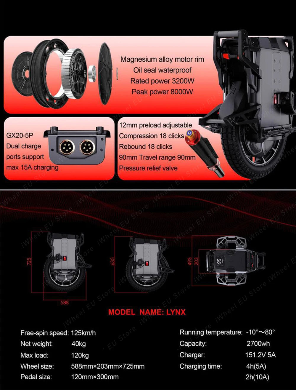 Original LeaperKim Veteran Lynx 151.2V 2700Wh Motor Power 3200W Peak Power 8000W 2.75-14 Tire For LeaperKim Lynx E-Wheel