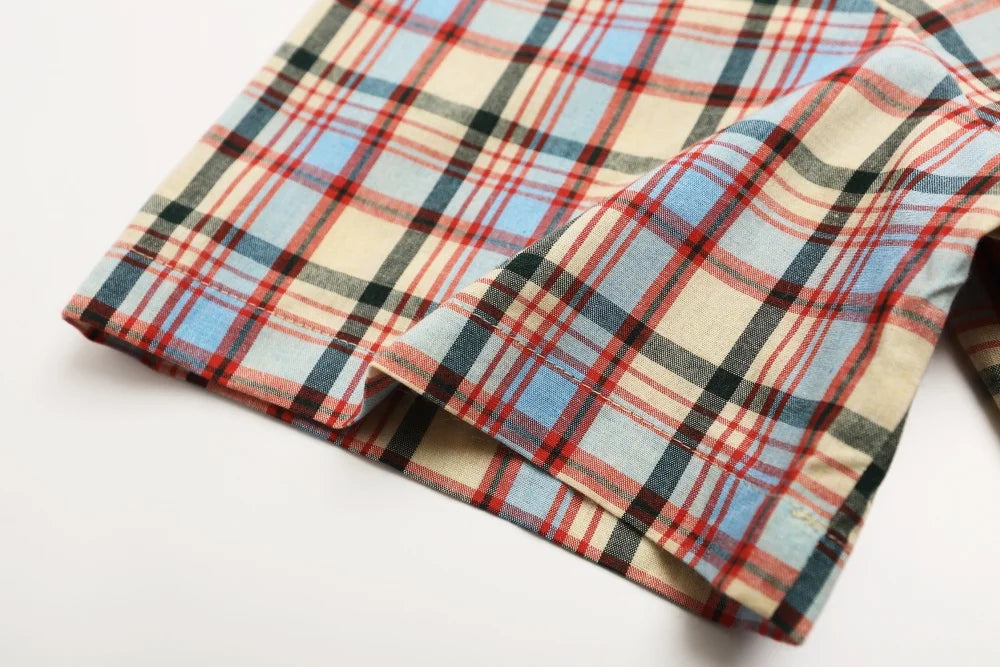 Cartoon Embroidery Short Sleeve Checked Shirt Mens Summer Retro Casual Spliced Lapel Single Breasted Half-Sleeve Plaid Shirts