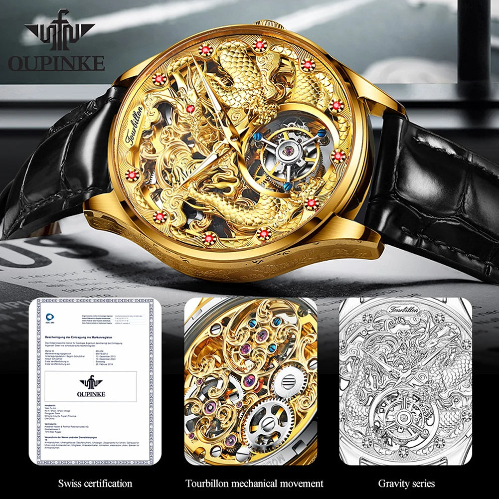 OUPINKE 3176 Original Tourbillon Automatic Movement Men's Watch Leather Strap Waterproof 3D Golden Dragon Fashion Watch Man